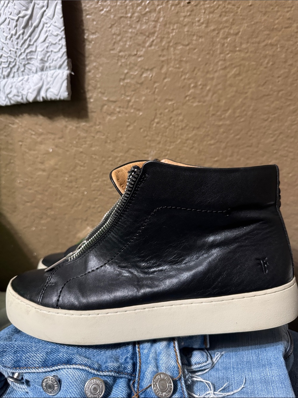 Frye Black Leather Zip-Front Ankle Booties with White Sole